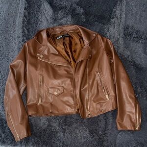 Zara Tan Leather Biker Jacket for Women